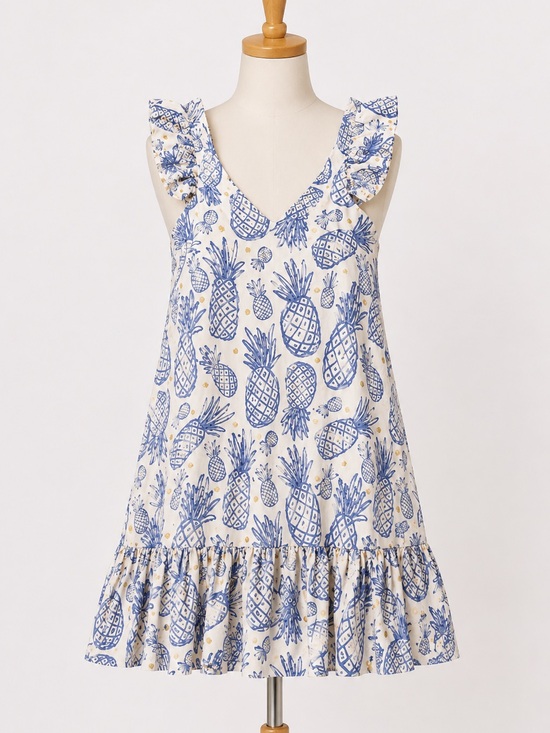 Carolina Parilla Dresses & Skirts - Carolina Parilla Tropical Pineapple Print Midi Dress Ruffle Sleeves Size M